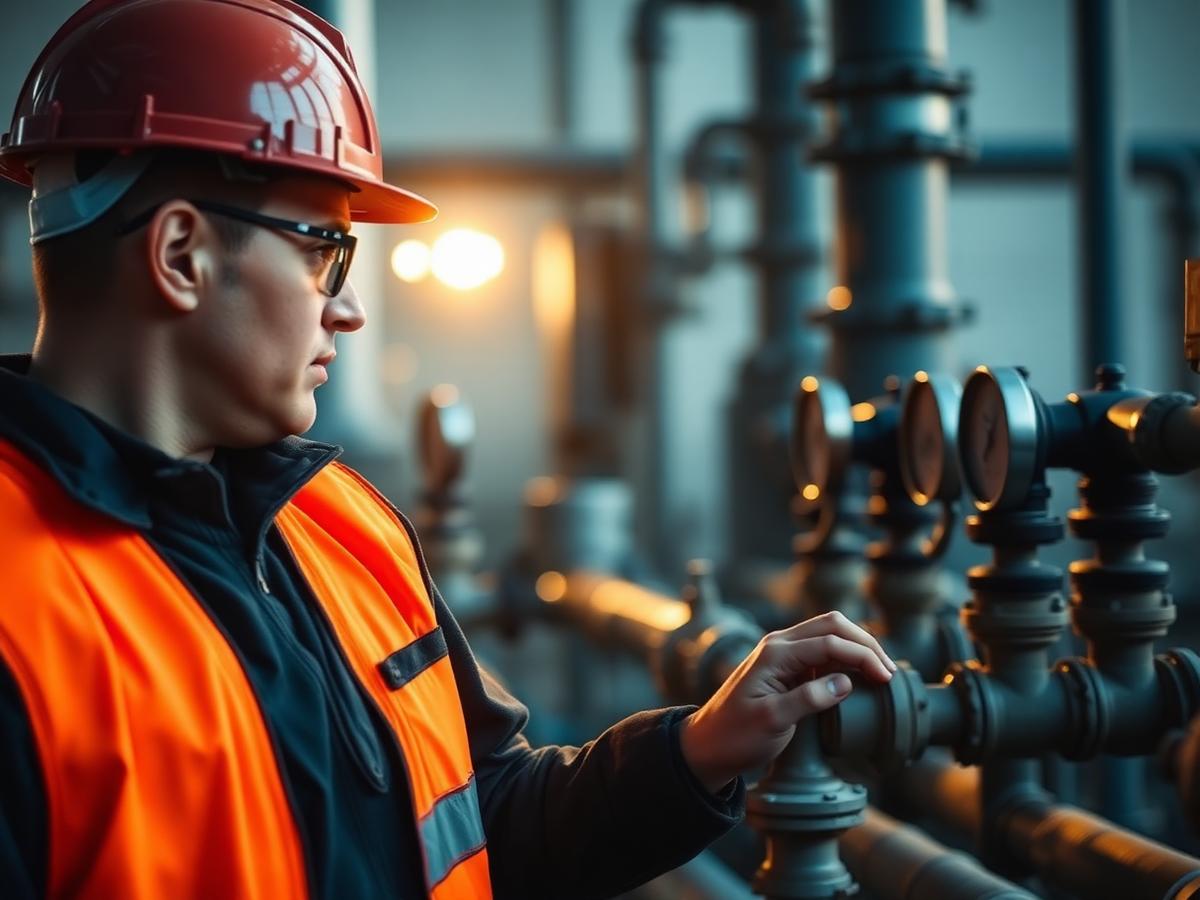 A certified operator inspecting valves and gauges at a treatment plant